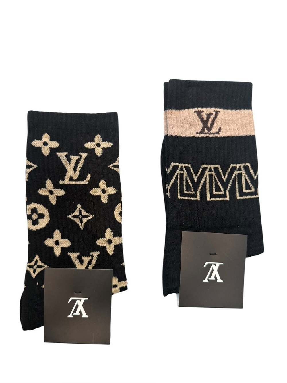2 Pair Louis Vuitton Outlet Monogram Black & Beige Men's Socks